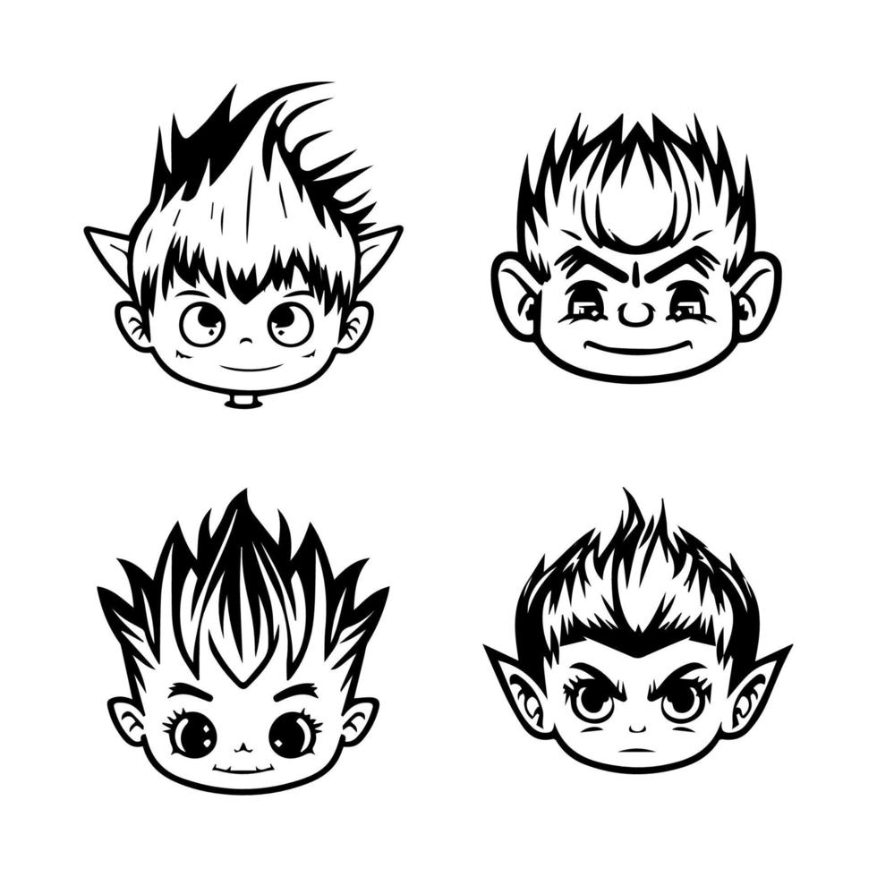 cute anime troll head collection set hand drawn line art illustration vector