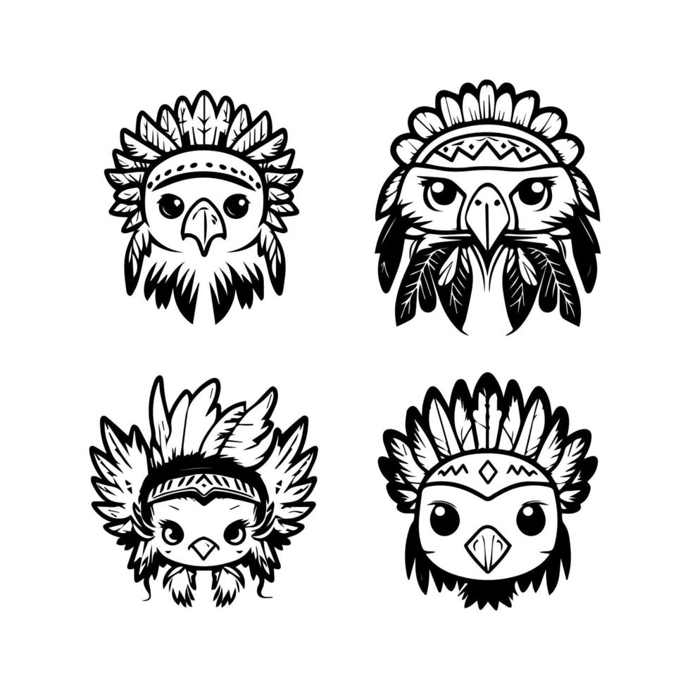 cute kawaii eagle head logo wearing indian chief accessories collection set hand drawn illustration vector