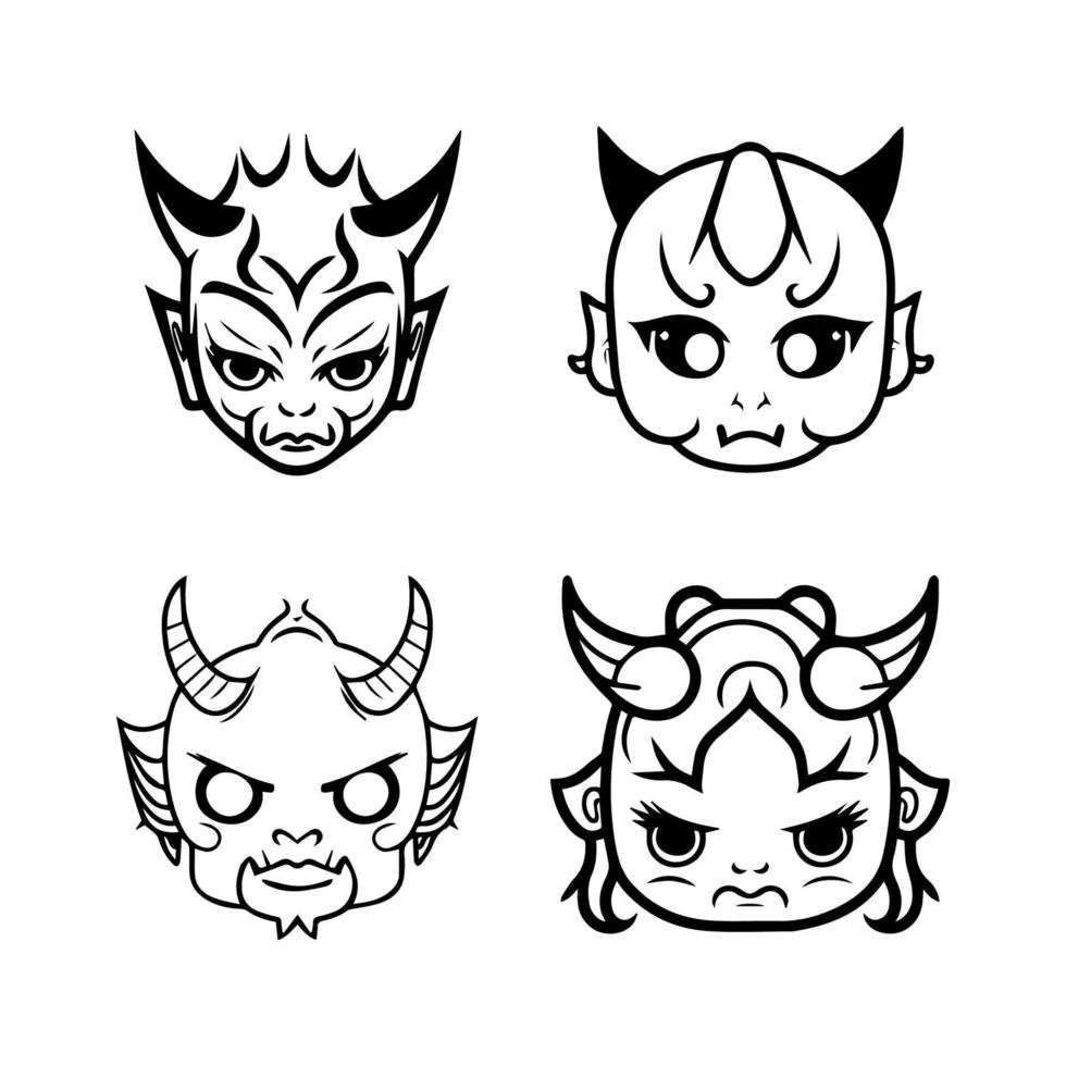 cute kawaii oni mask collection set hand drawn line art illustration vector