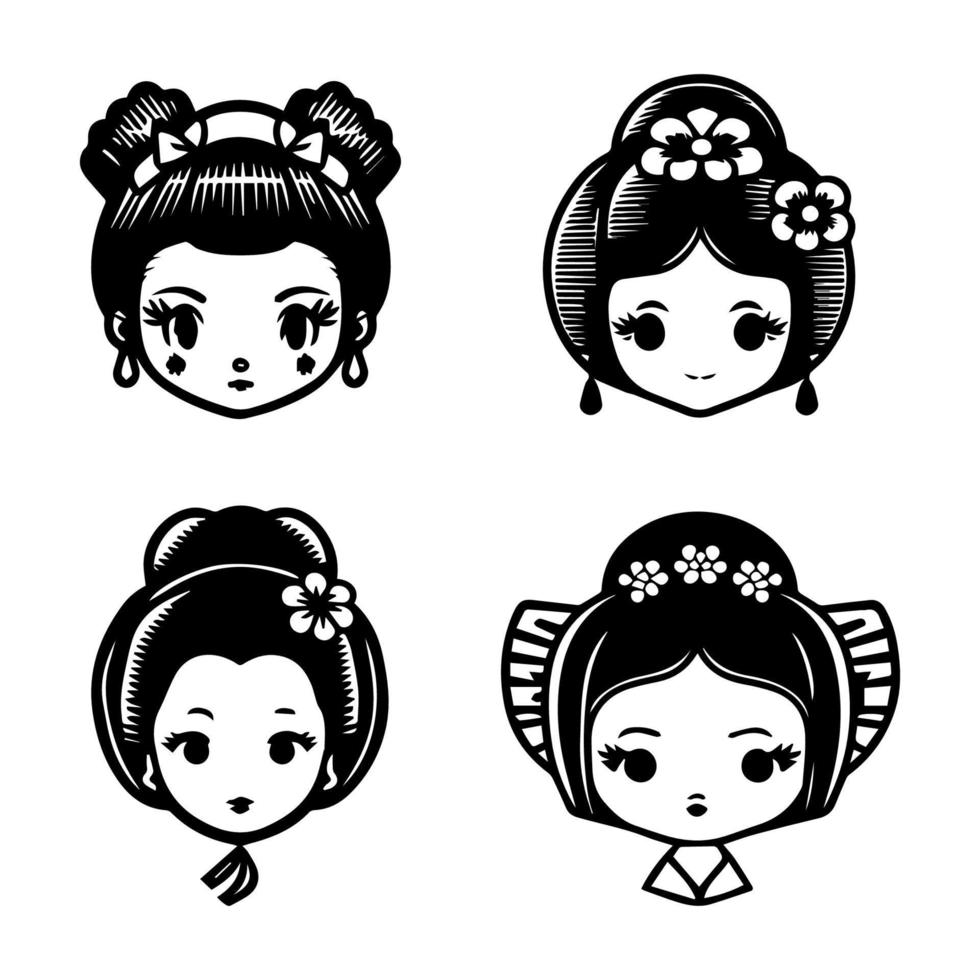 cute anime japanese geisha head kawaii collection set hand drawn illustration vector