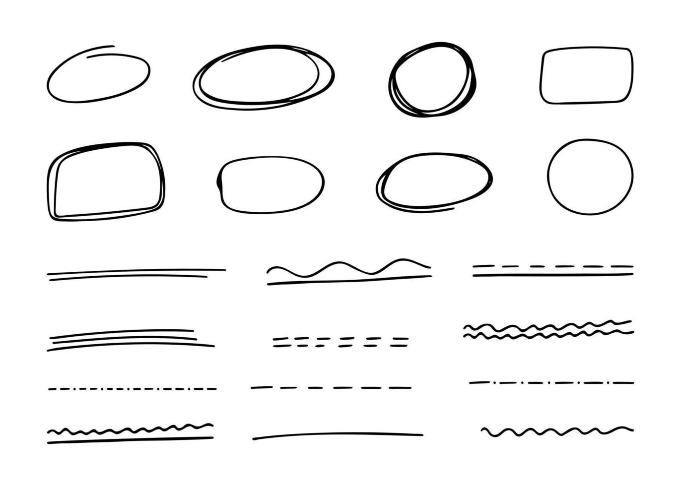 Set of abstract scribble lines and frames different shapes. Underline drawn by hand. Vector illustration.
