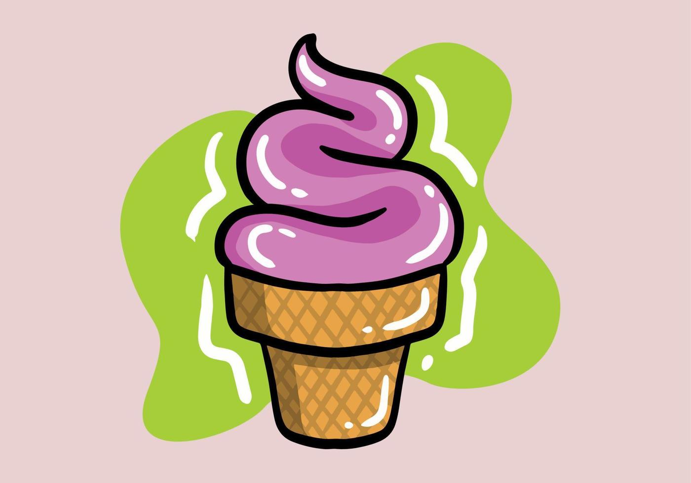 Hand drawn ice cream in a waffle cone. Icecream in pink colors isolated on pink background idea for a poster, postcard, t-shirt. vector