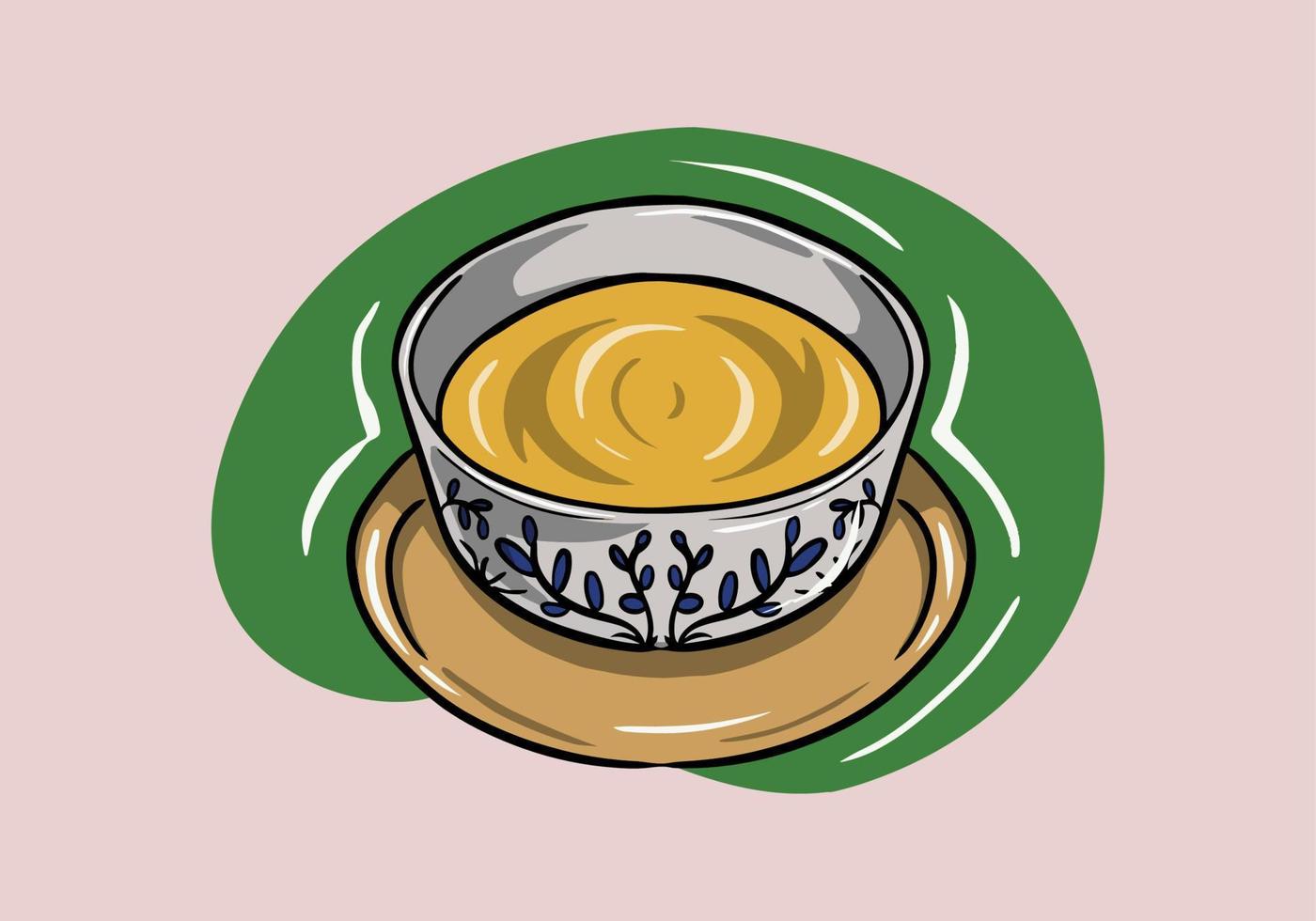 Vector, sketch, cartoon, hand drawn cup of whipped green mathca coffee on a plate. Illustrated design on cup. vector