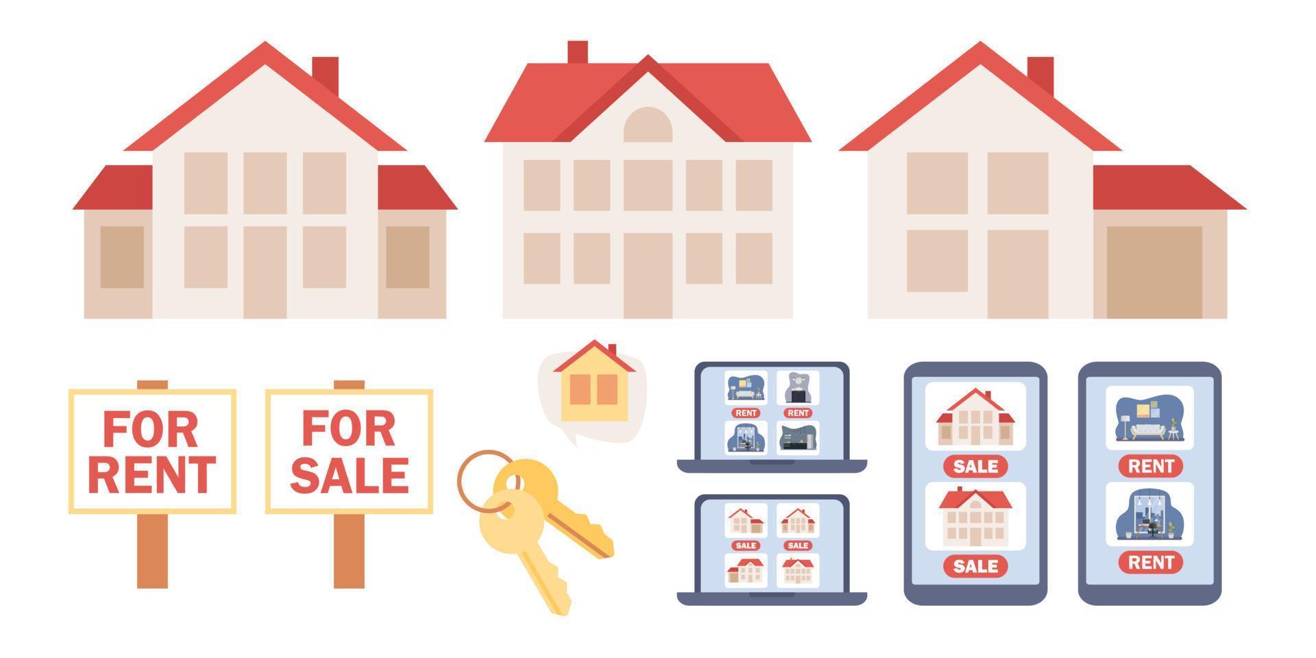 Real estate services icon set. House for sale, house for rent, residential real estate market, rental ads. Vector flat illustration