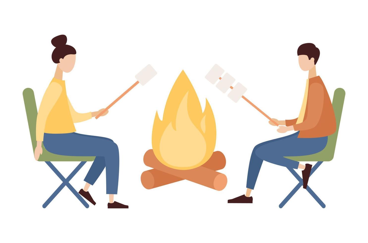 People sitting bonfire and roast marshmallow on fire. Couple on campfire in forest. Summer night. Campfire with woodpile. Vector flat illustration