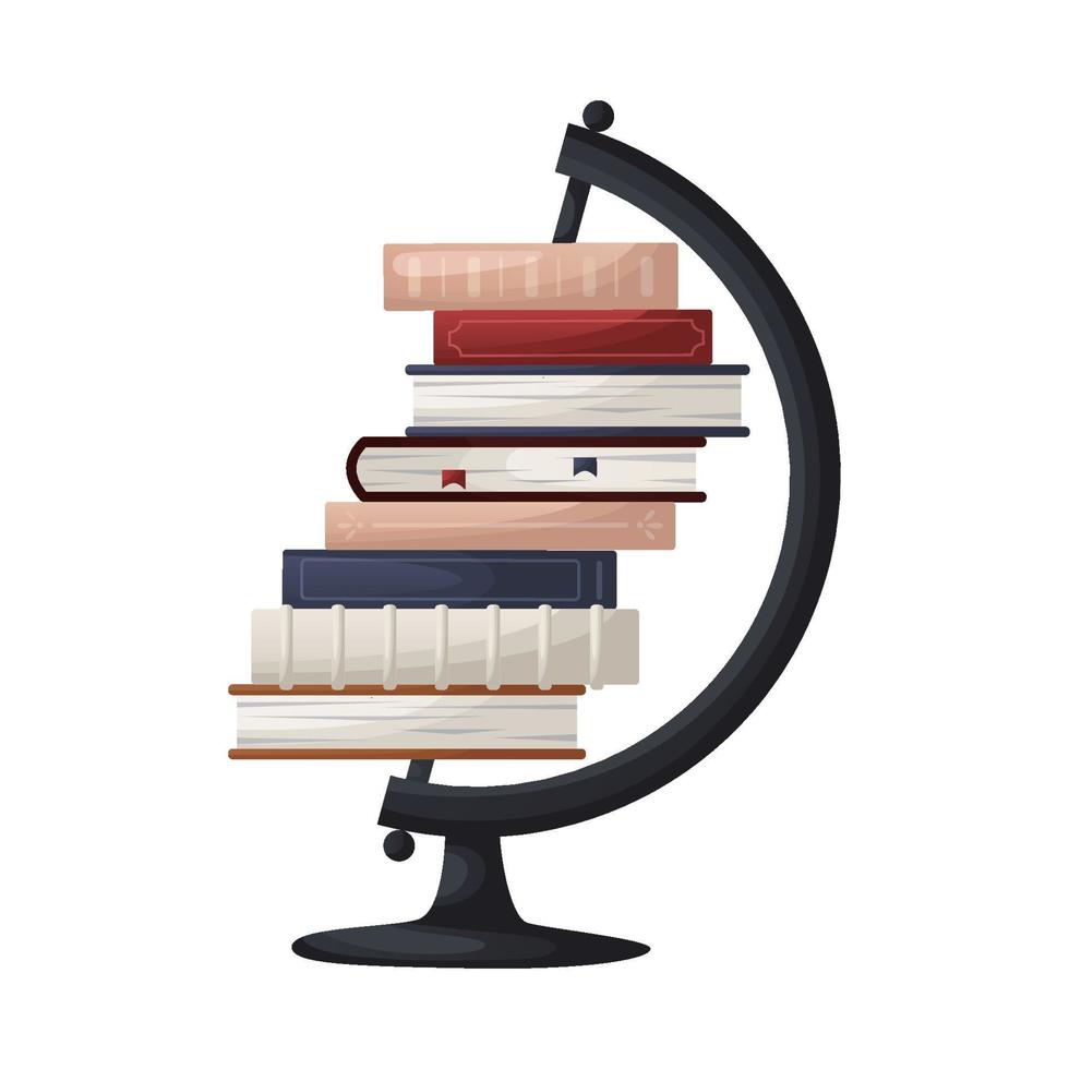 Earth globe with stack of books. Decoration books pile. Education book heap. World book day. Bookstore, bookshop, library, bibliophile, education for poster, banner, website vector