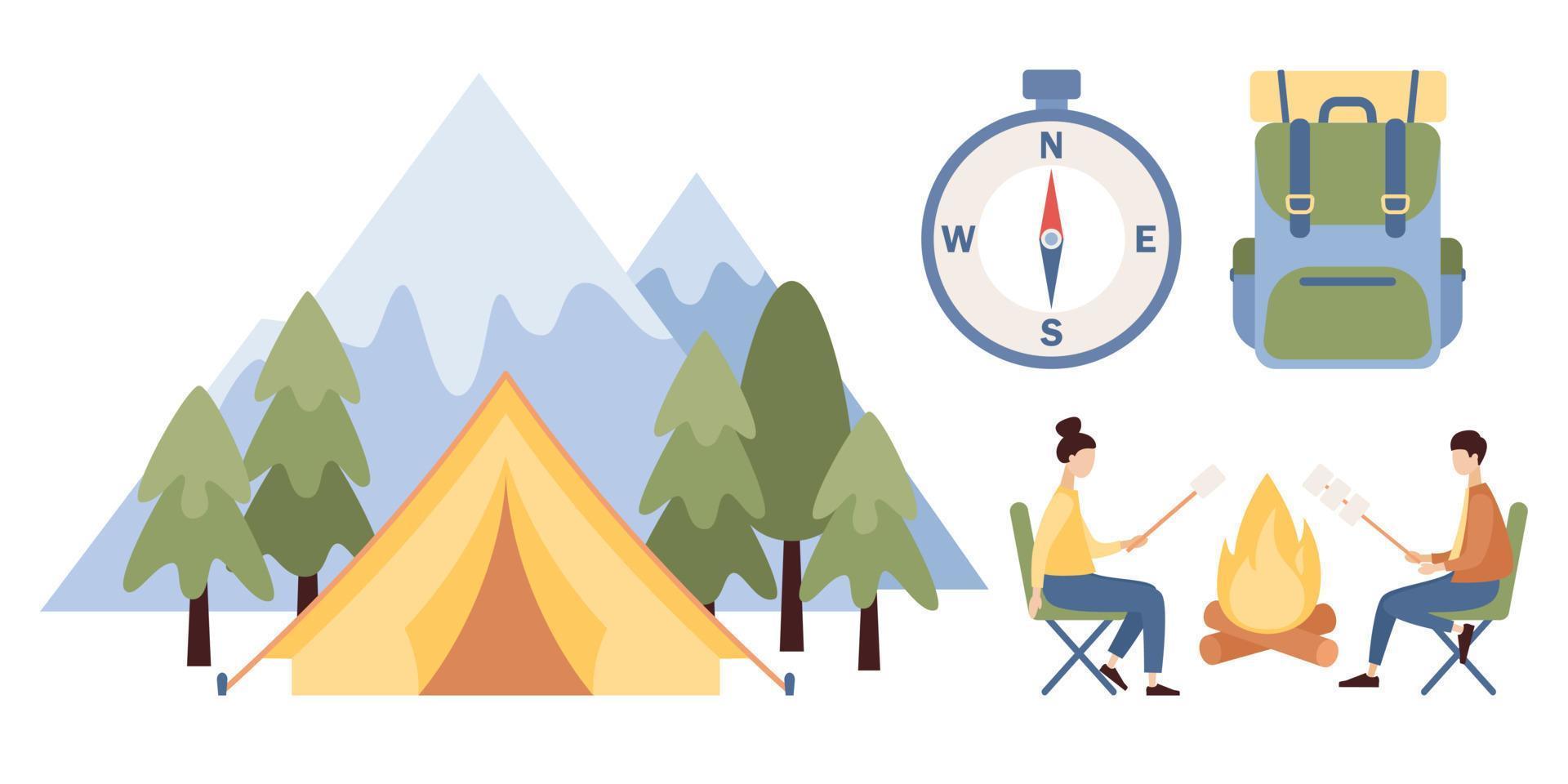 Camping icon set. Tent in mountains, people sitting bonfire and roast marshmallow on fire, backpack and compass. Outdoor travel concept. Summer trip. Nature tourism. Vector flat illustration