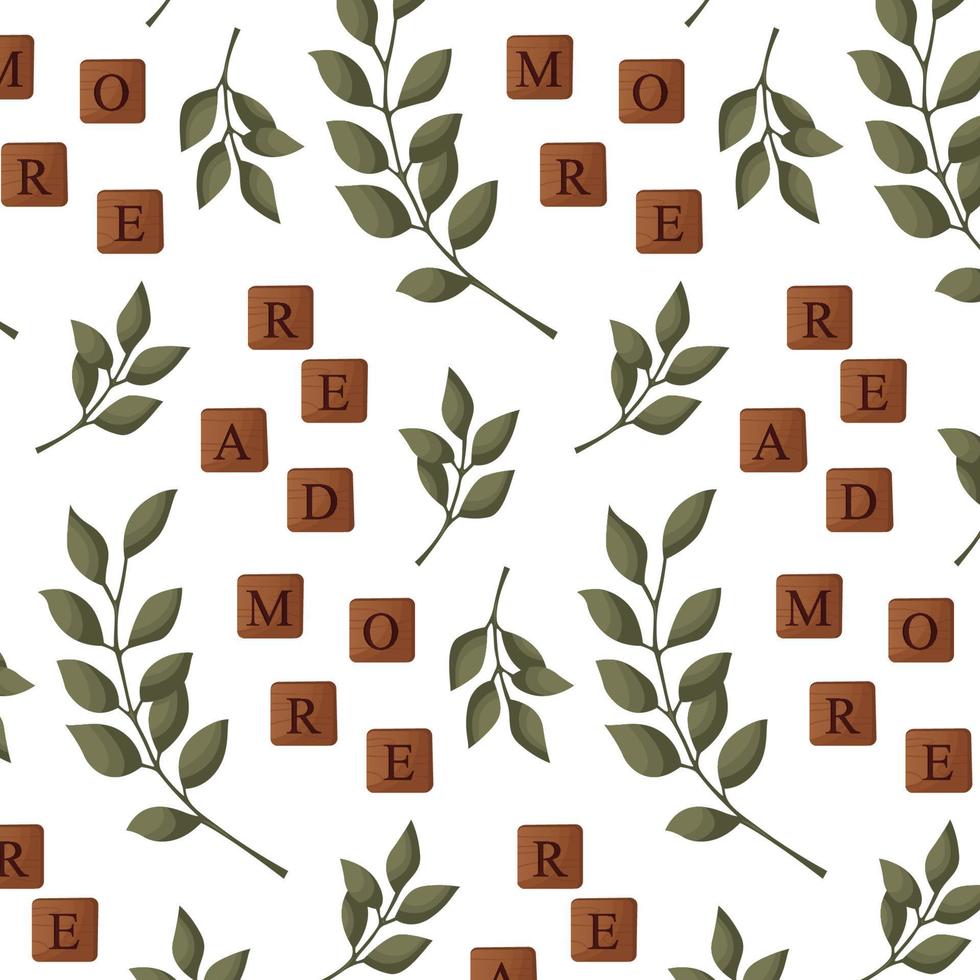Seamless pattern Read more hand drawn word spelt with wooden letter tiles. Wood cubes. Bookstore, bookshop, library, book lover, bibliophile, education for card, poster, banner vector