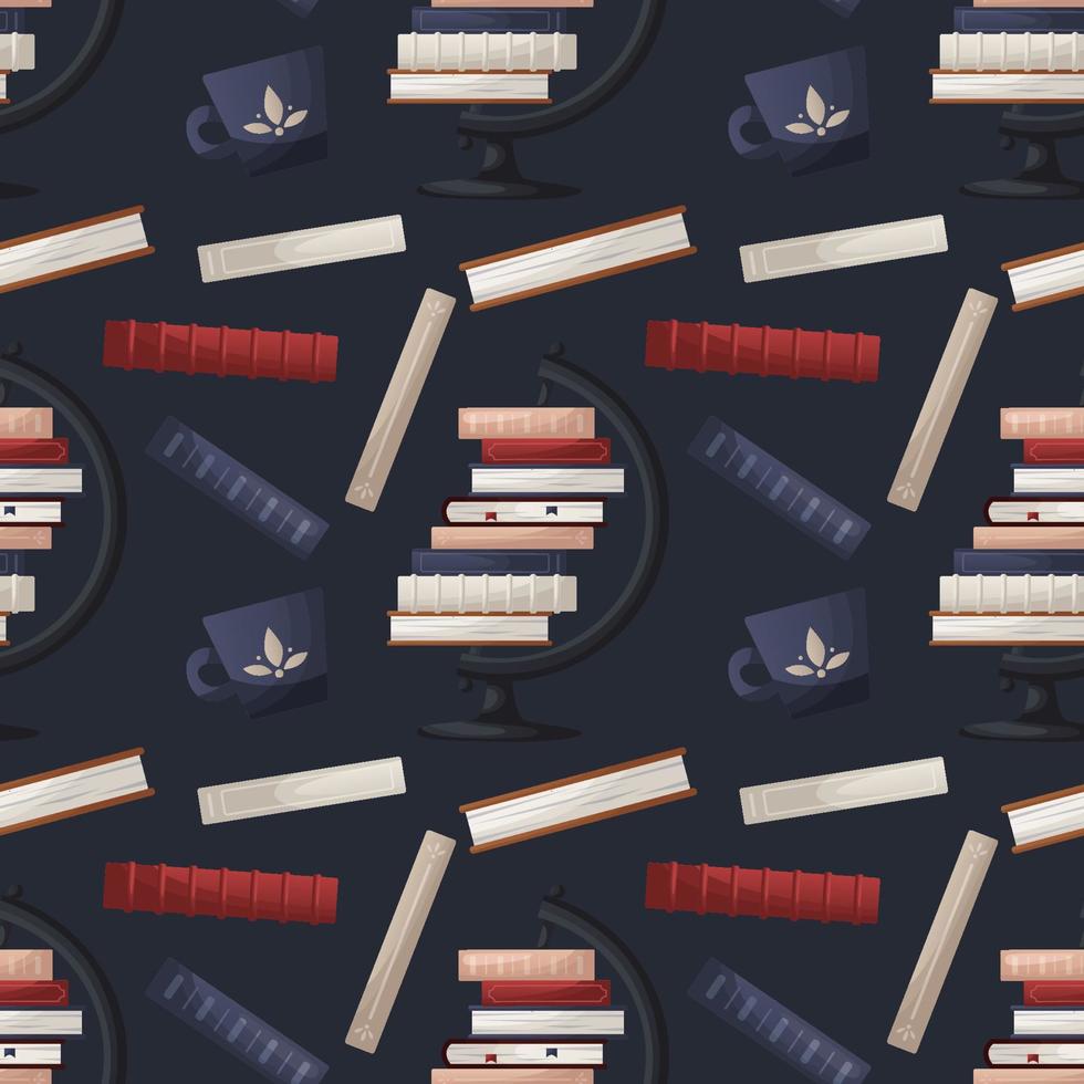 Seamless pattern with earth globe with stack of books, cup of tea. Book heap. Bookstore, bookshop, library, book lover, bibliophile, education for poster, banner, website. vector