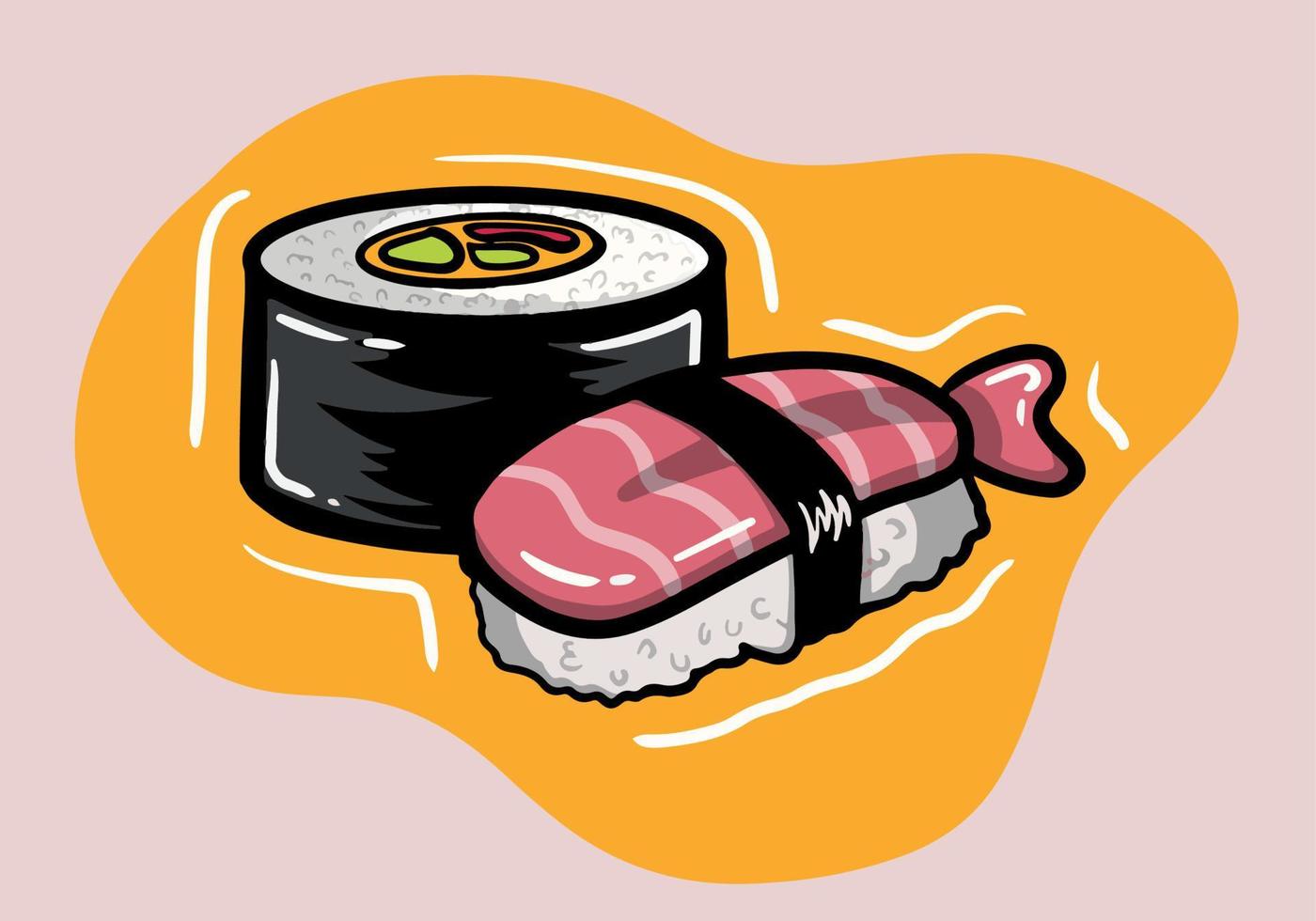 Hand Drawn sushi and sashimi. Asian food sushi. Sushi illustration with trout fish, salmon in trendy minimalism style. vector