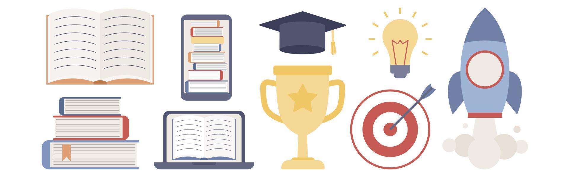 E-learning icon set. Distance education, online education, online learning concept. Vector flat illustration