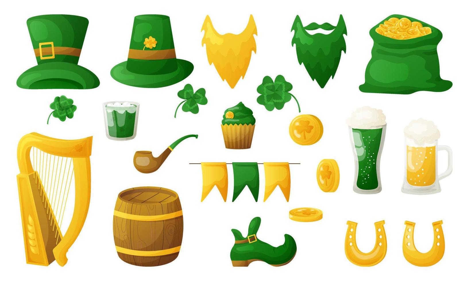 Set of elements for St. Patrick's Day. Good luck symbols. Green hats, boot, horseshoes, clover. vector