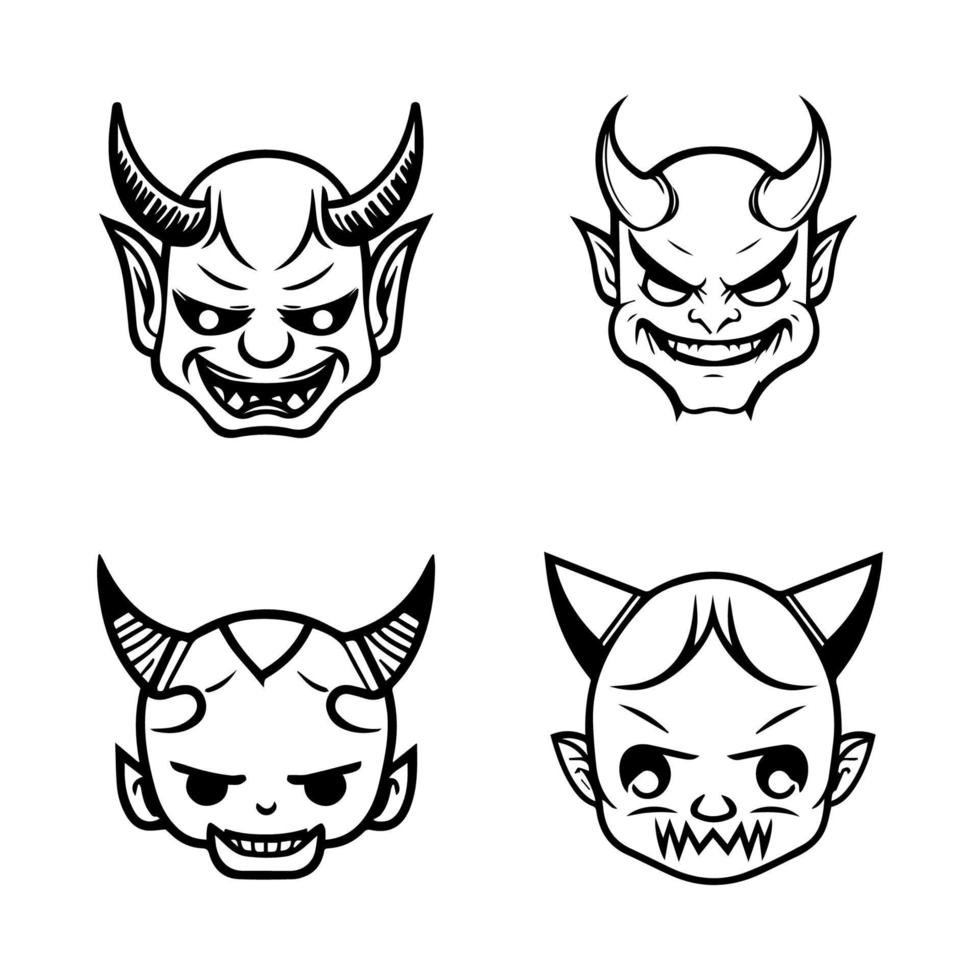 A set of cute kawaii Hannya masks, Hand drawn with clean line art. Each design features the iconic expression illustration vector