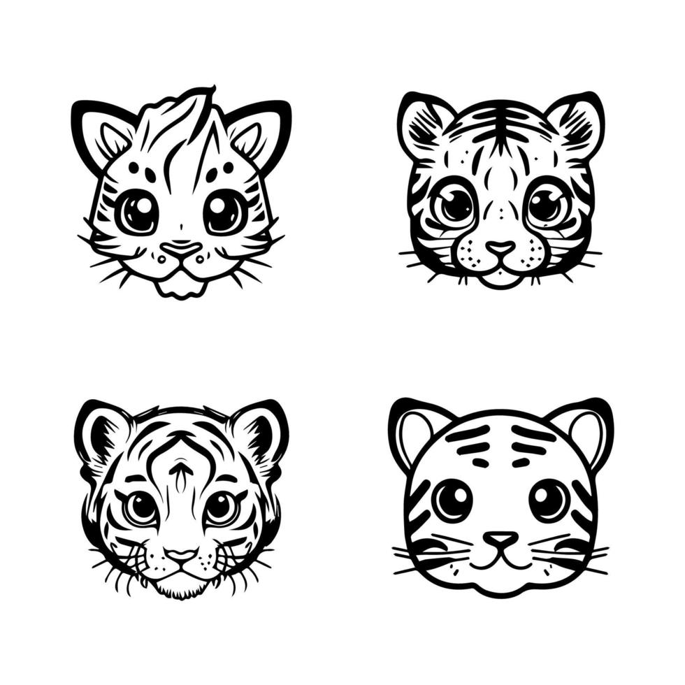 A set of Hand drawn, cute kawaii tiger head logos, featuring various expressions and poses in charming anime style illustrations vector
