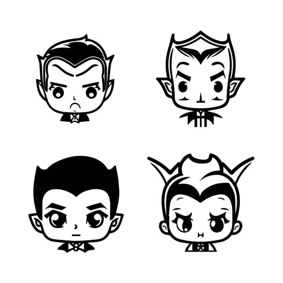 Charming and playful collection of Hand drawn line art illustrations featuring cute Dracula heads, perfect for Halloween or any occasion vector