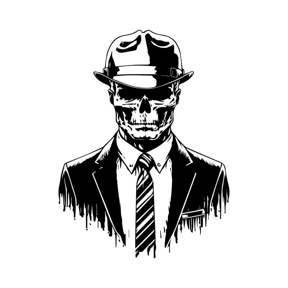 Edgy and stylish Hand drawn line art illustration of a chicano skull biker wearing a hat and suit, showcasing a unique fusion of tough and sophisticated vector