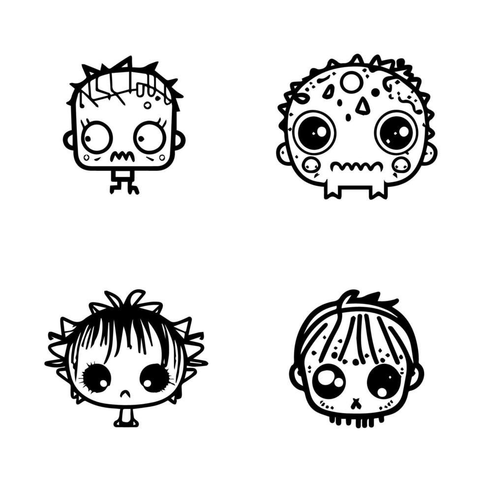 Playful and quirky Hand drawn kawaii zombie head collection set, featuring cute and charming line art illustrations of undead cuteness vector