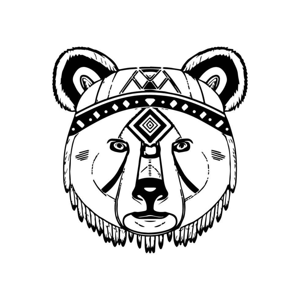 Adorable panda wearing Indian chief headgear - a cute and unique Hand drawn illustration in black and white line art style vector