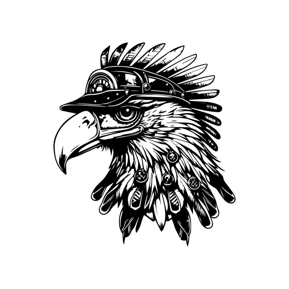 Unique and striking Hand drawn line art illustration of an eagle wearing a steampunk hat, showcasing a fusion of mechanical and natural elements vector