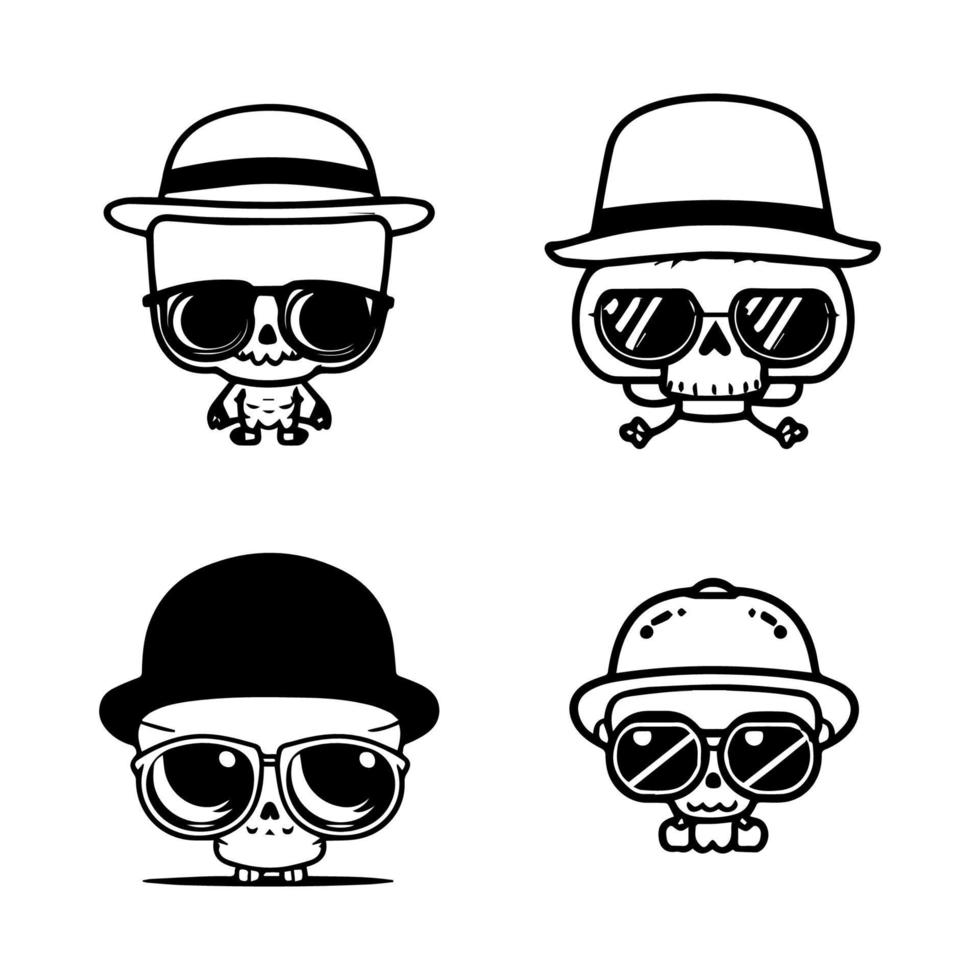 A cool and edgy collection of cute skull characters sporting stylish sunglasses in various poses and expressions. Hand drawn with love vector