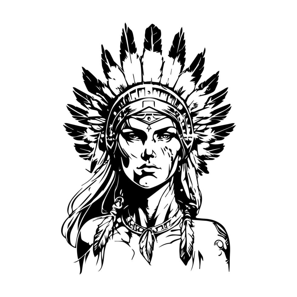 A stunning Hand drawn illustration of a beautiful girl wearing an Indian chief headpiece, with intricate details and shading vector