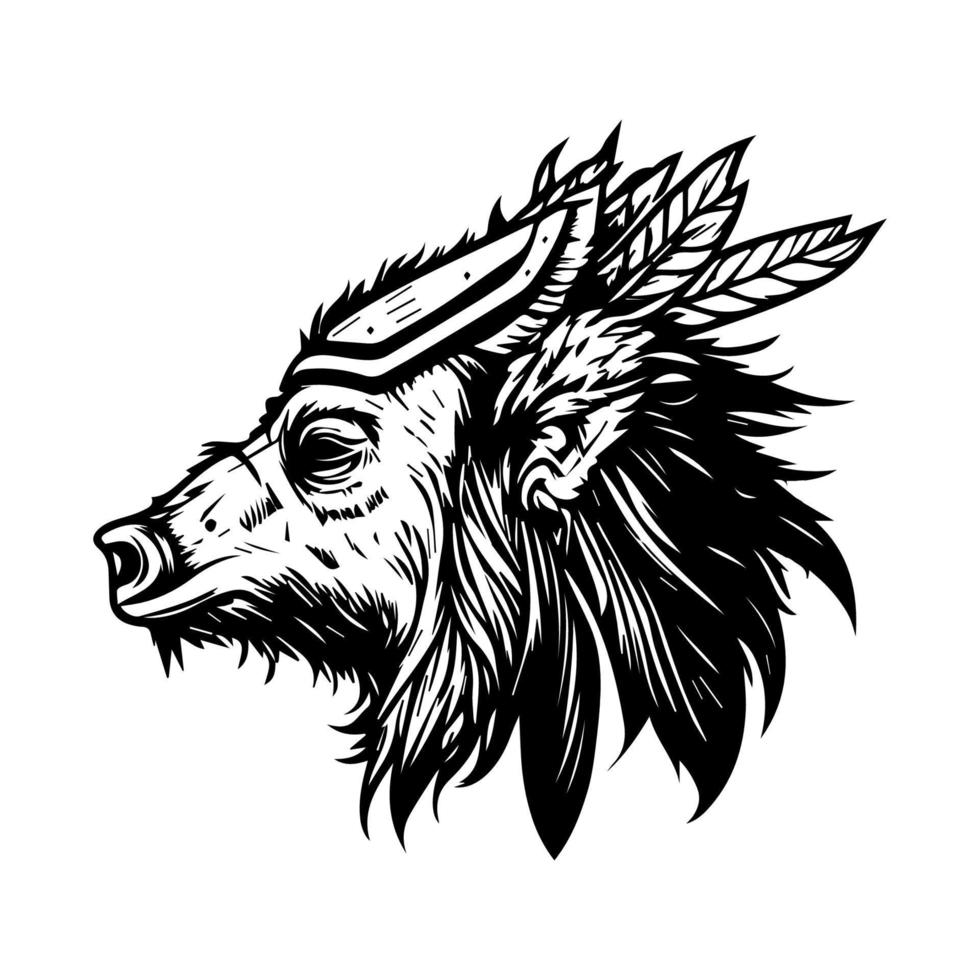 Wild boar in native chief headgear a Hand drawn illustration in black and white line art vector