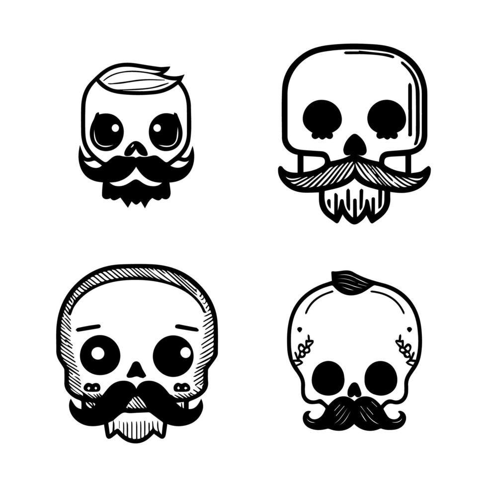 A collection set of cute Hand drawn skulls with mustaches, perfect for adding a playful touch to any design or project. vector