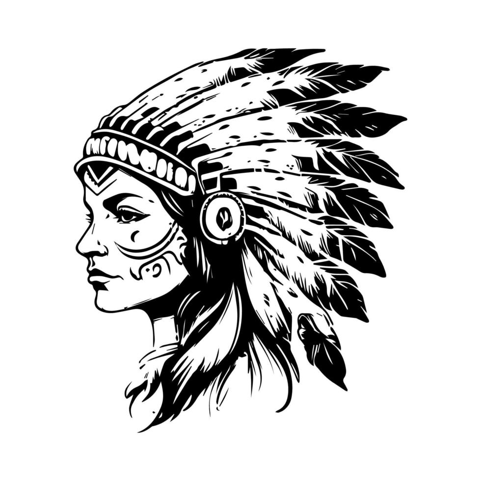 A stunning Hand drawn illustration of a beautiful girl wearing an Indian chief headpiece, with intricate details and shading vector