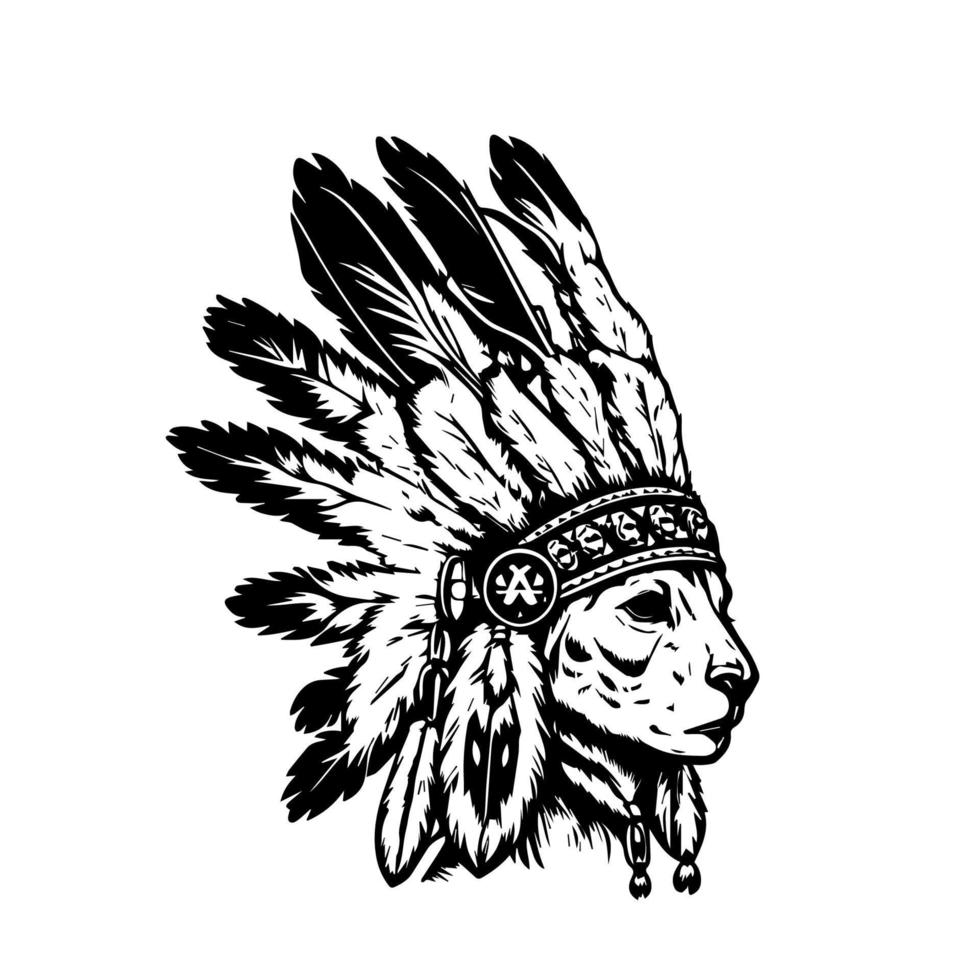 Hand drawn illustrations of a cute rabbit wearing traditional Indian native american vector