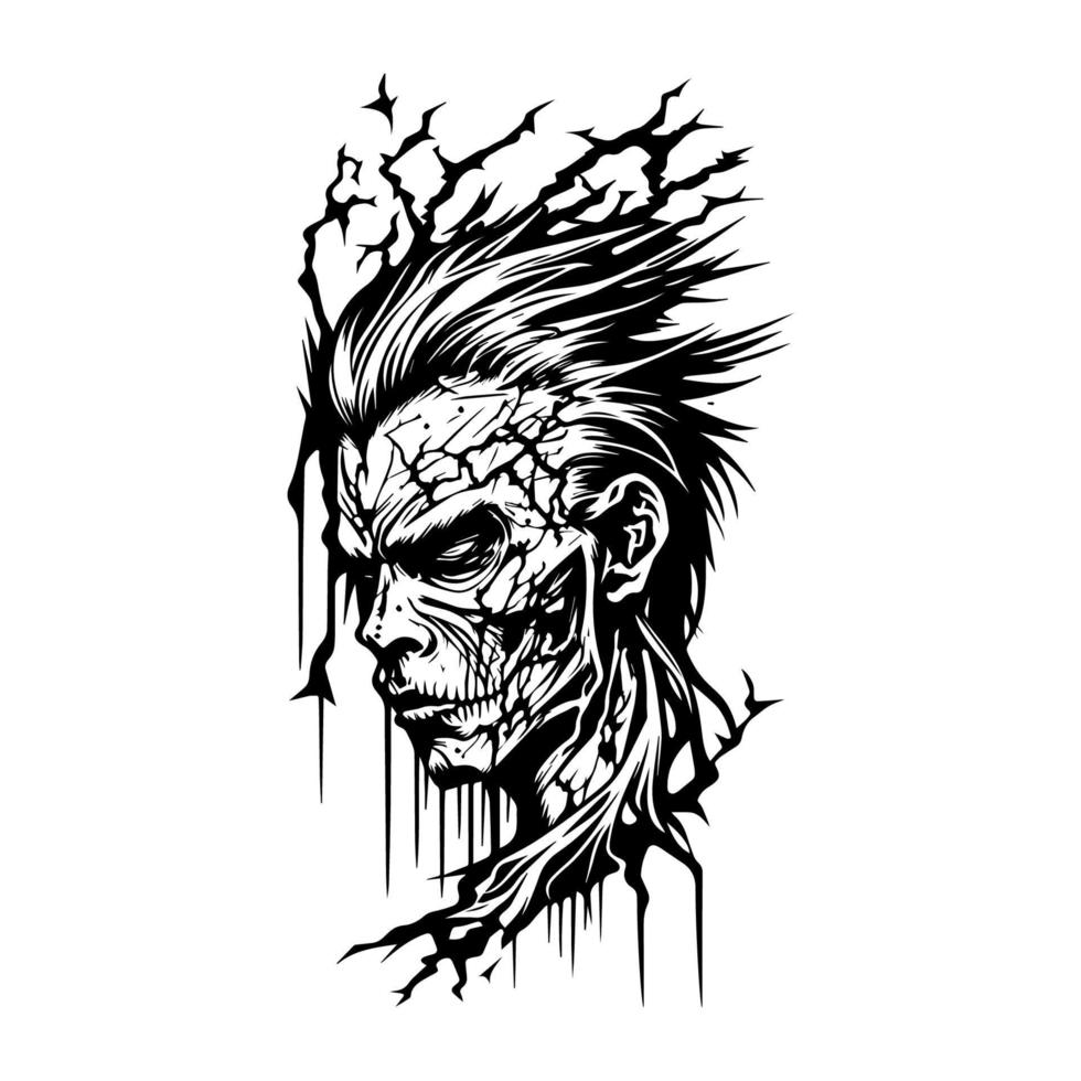 un escalofriante zombi cabeza ilustración Perfecto para Víspera de Todos los Santos con intrincado línea Arte detalles, mano dibujado para un único y Siniestro ambiente vector