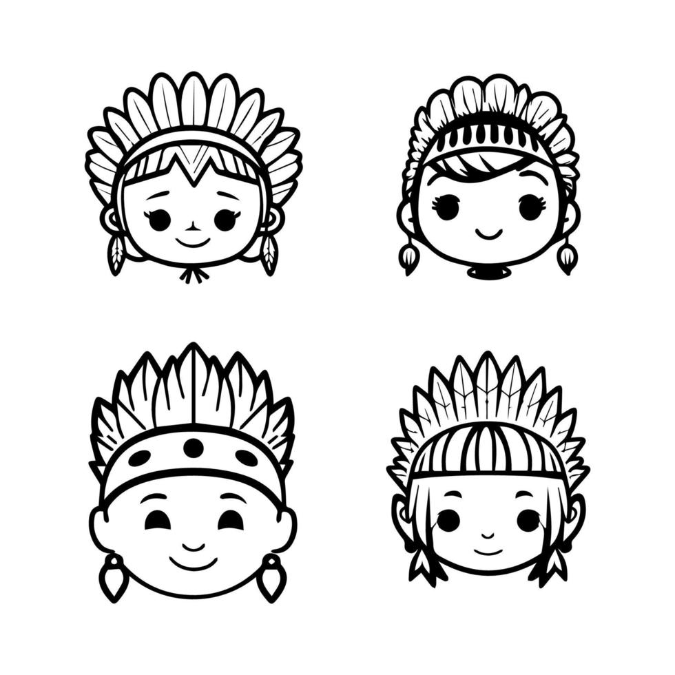 Our cute kawaii child head collection features Hand drawn illustrations of kids wearing Indian chief head accessories, perfect for adding some playful charm to your designs vector