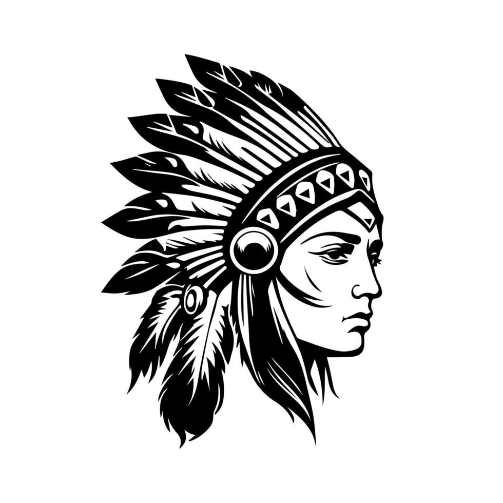 A stunning Hand drawn illustration of a beautiful girl wearing an Indian chief headpiece, with intricate details and shading vector