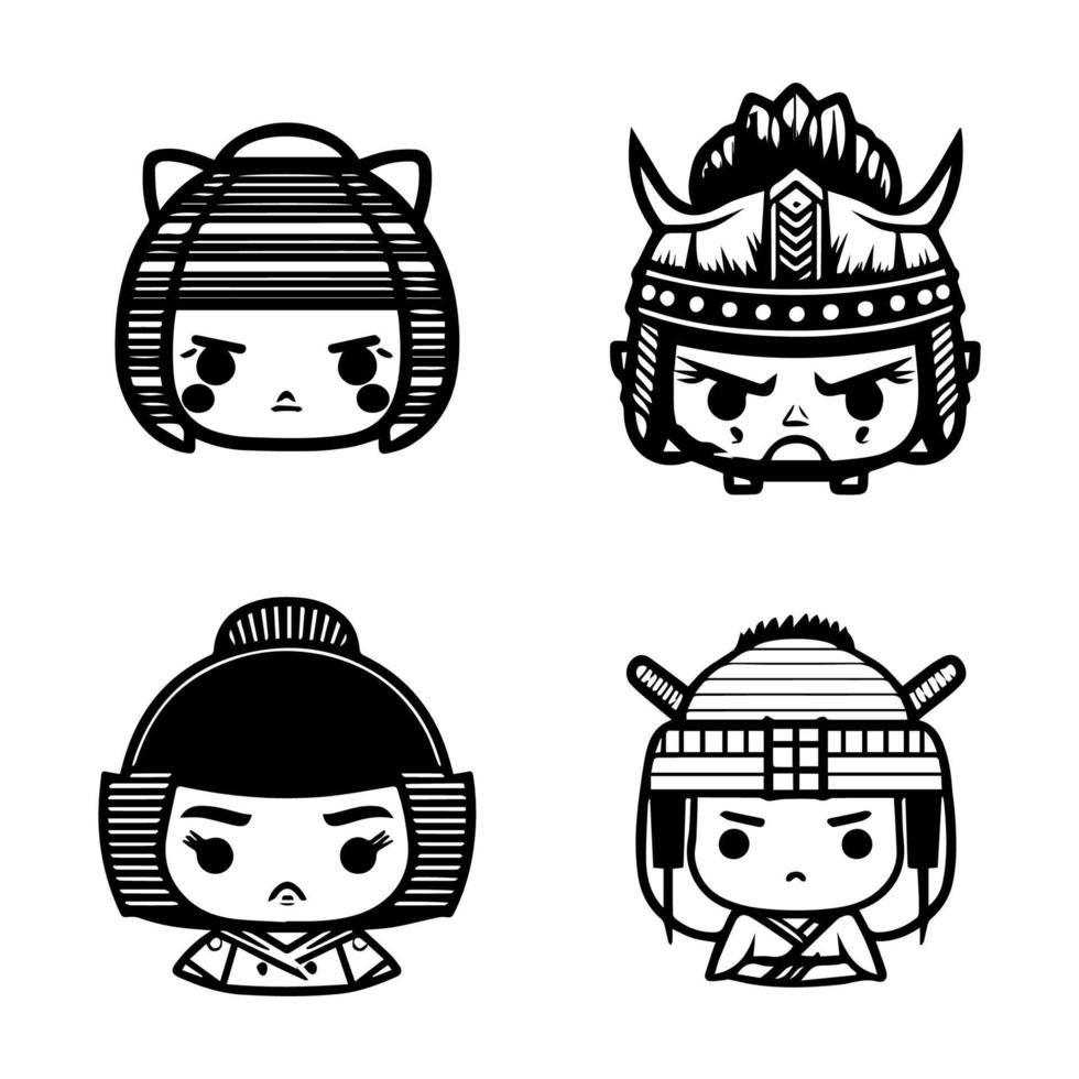 Bold and captivating Hand drawn collection set of cute Japanese samurai warriors, showcasing courage, strength, and cultural heritage vector