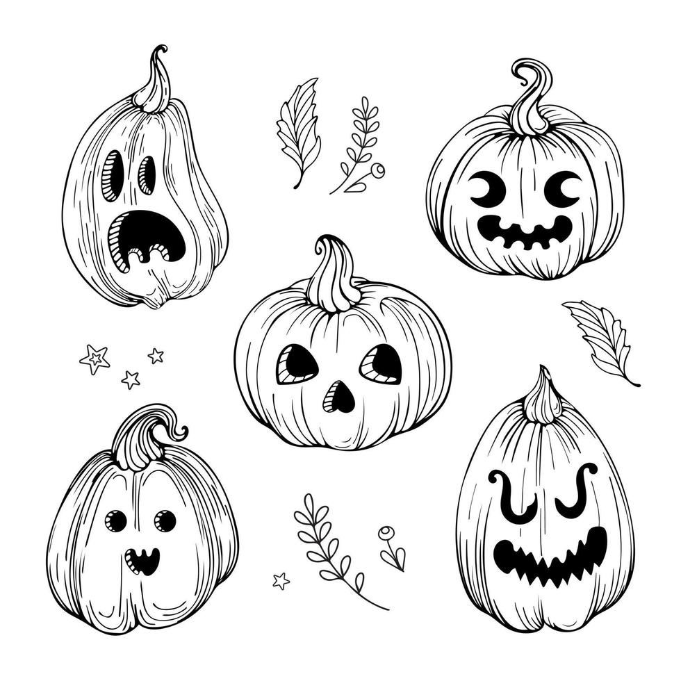 Vector graphic doodle illustration set in vintage style for halloween. Pumpkin - scull, ghost, jack-o -lantern. Autumn vegetables and leaves. For stickers, posters, postcards, design elements, tattoo