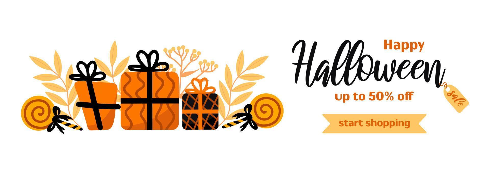 Happy halloween sale. Bright horizontal banner in cartoon style in orange and black tones. Lollipop, gifts, autumn leaves. For advertising banner, poster, flyer vector