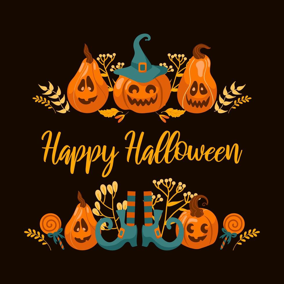 Happy Halloween bright vector illustration. Pumpkin jack-o-lantern, witch hat, striped stockings, lollipop. For stickers, postcards, banners, flyer. Orange-green colors, a black contrasting background