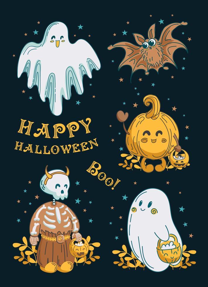 un conjunto de adorable Víspera de Todos los Santos caracteres. linda fantasmas, esqueleto, calabaza y murciélago son villancico truco o tratar. Jack o linterna. Clásico letras. para pegatinas, carteles, postales, diseño elementos. vector