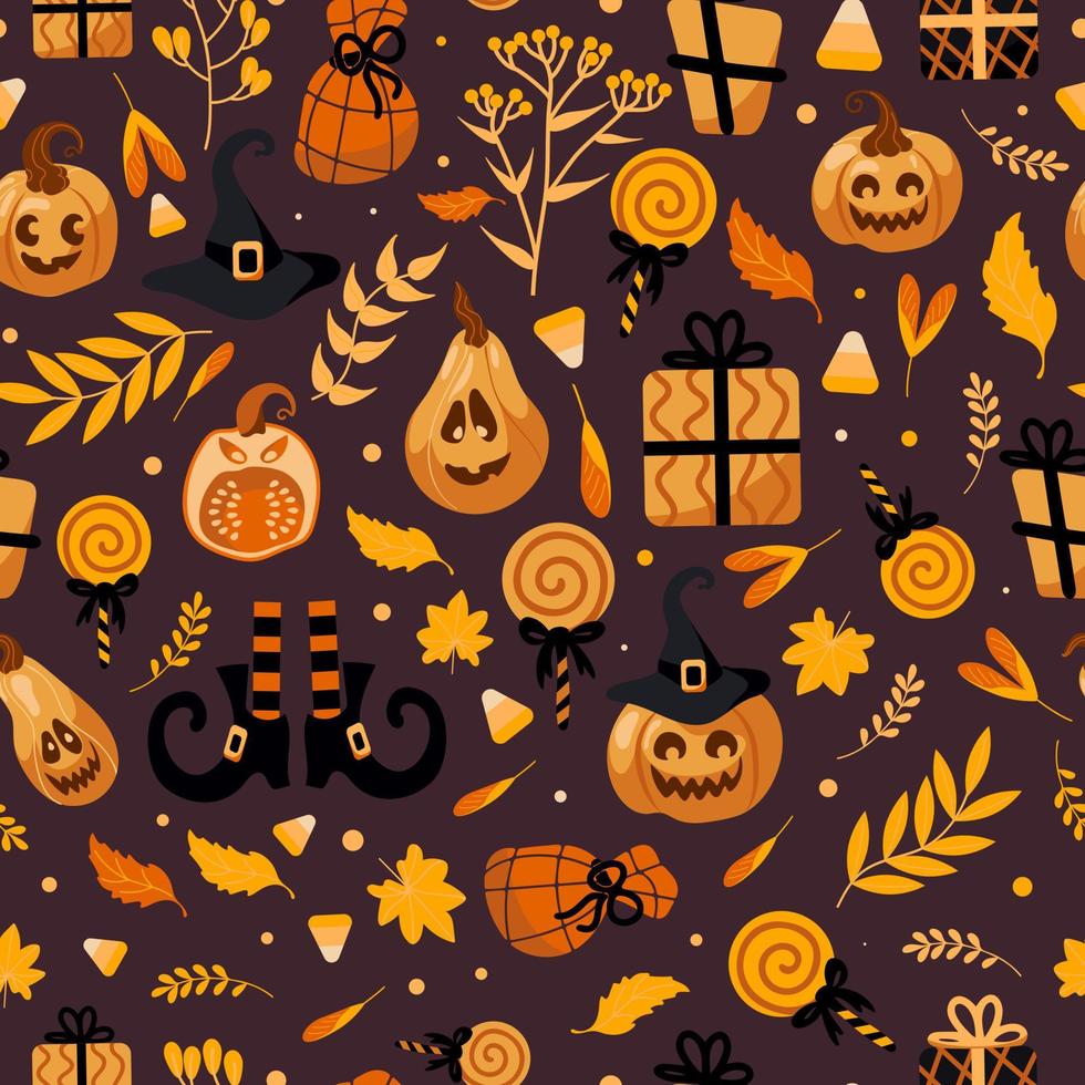 Víspera de Todos los Santos brillante sin costura vector modelo. calabaza jack-o-lantern, bruja sombrero, a rayas medias, zapatos, chupete, regalos, otoño hojas. para guardería, fondo de pantalla, impresión en tela, envase, antecedentes.