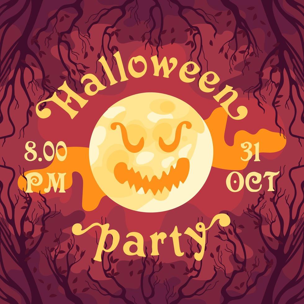 Happy Halloween. Party invitation, yellow moon with scary face in cartoon style. Bare branches without leaves, blood red cloudy sky. vintage lettering. For frame, template, postcards, banners, flyer vector