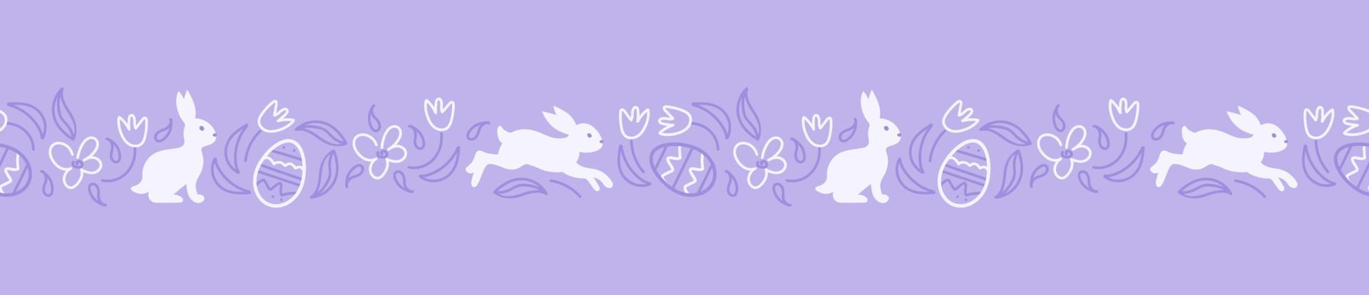 Charming rabbits are jumping in the spring meadow. happy easter. Seamless monochrome purple border. Chocolate eggs eggs, daisies and tulips. Doodle style. For wallpaper, printing on fabric, wrapping. vector