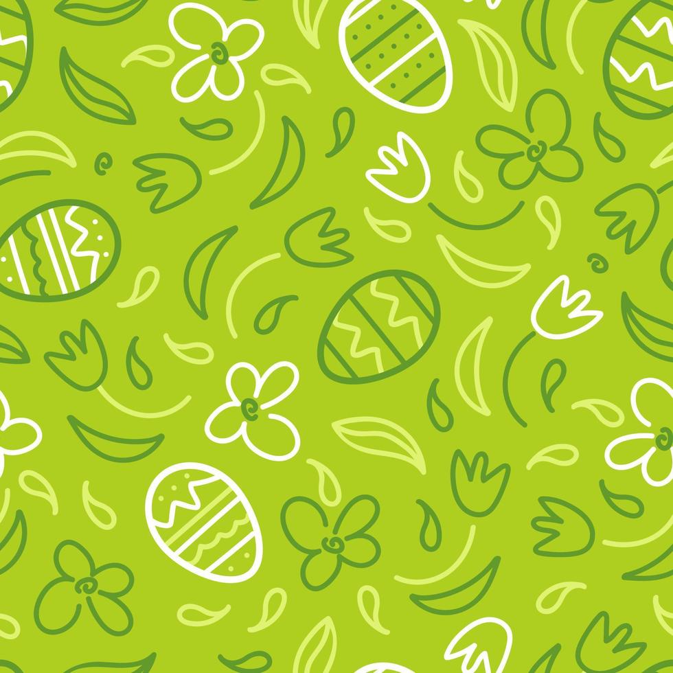 happy easter. Seamless monochrome green pattern chocolate eggs, daisies and tulips. Doodle style. For wallpaper, printing on fabric, wrapping. vector
