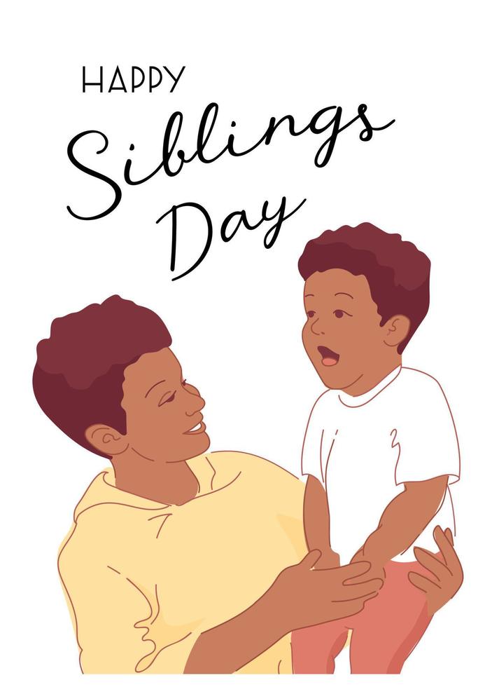 Happy sibling day. Black brothers hug and laugh. African American loving family. Children of different ages. In flat style. For posters, postcards, flyers, books vector