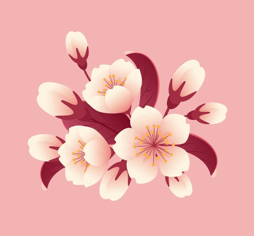 Bouquet of sakura flowers, buds and leaves. Botanical illustration in realistic style, cherry blossom. Hanami Festival. For stickers, posters, postcards, design elements vector