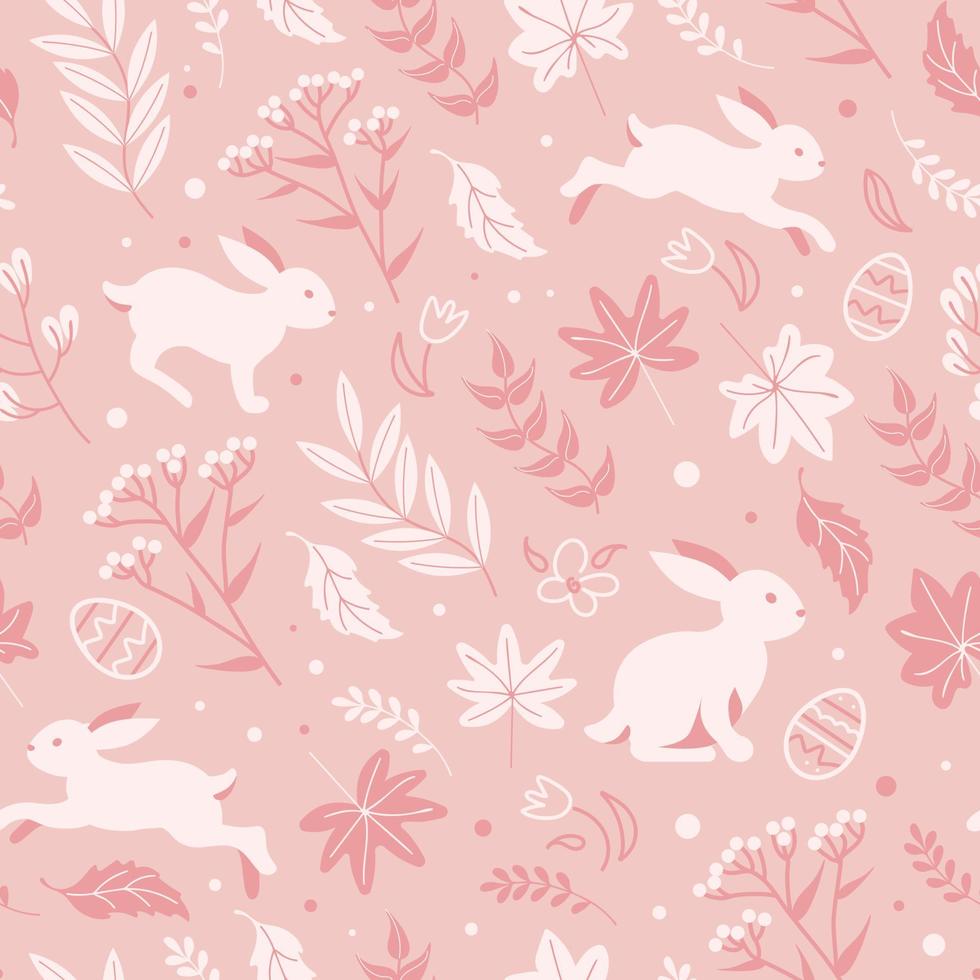 Charming rabbits are jumping in the spring meadow, happy easter. Seamless monochrome pink pattern chocolate eggs, daisies and tulips. cartoon style. For wallpaper, printing on fabric, wrapping. vector