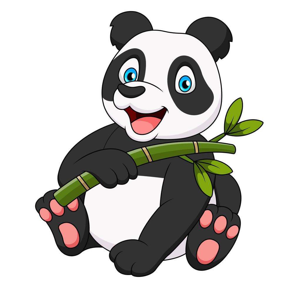 Cute panda cartoon illustration sitting and holding bamboo vector