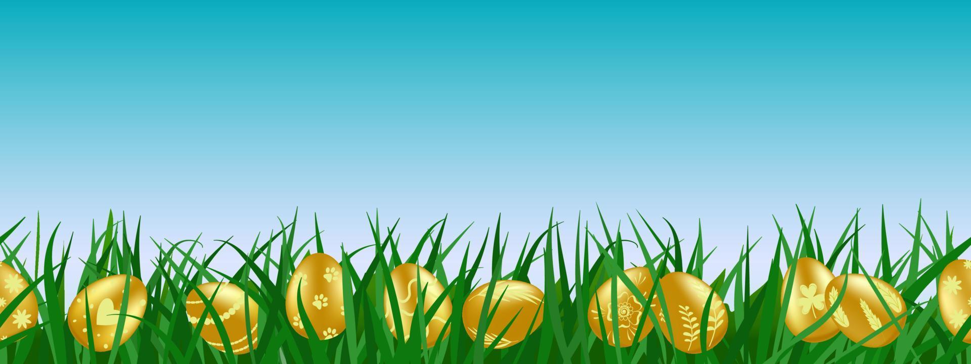 Cartoon golden Easter eggs decorated with patterns, hidden in green grass under beautiful blue sky. Lush green meadow on sunny spring day. Egg hunt seamless border background vector