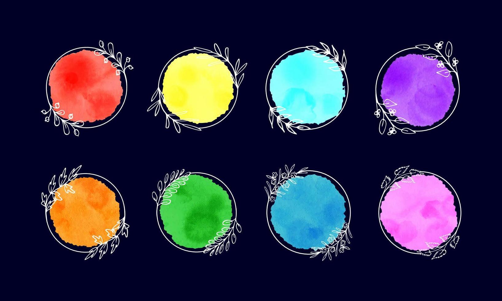 Hand drawn watercolor round spots bright attractive rainbow color scheme, in white herbal outlines. Aquarelle vignette with copy space. Set of backgrounds for social media, labels, prints vector