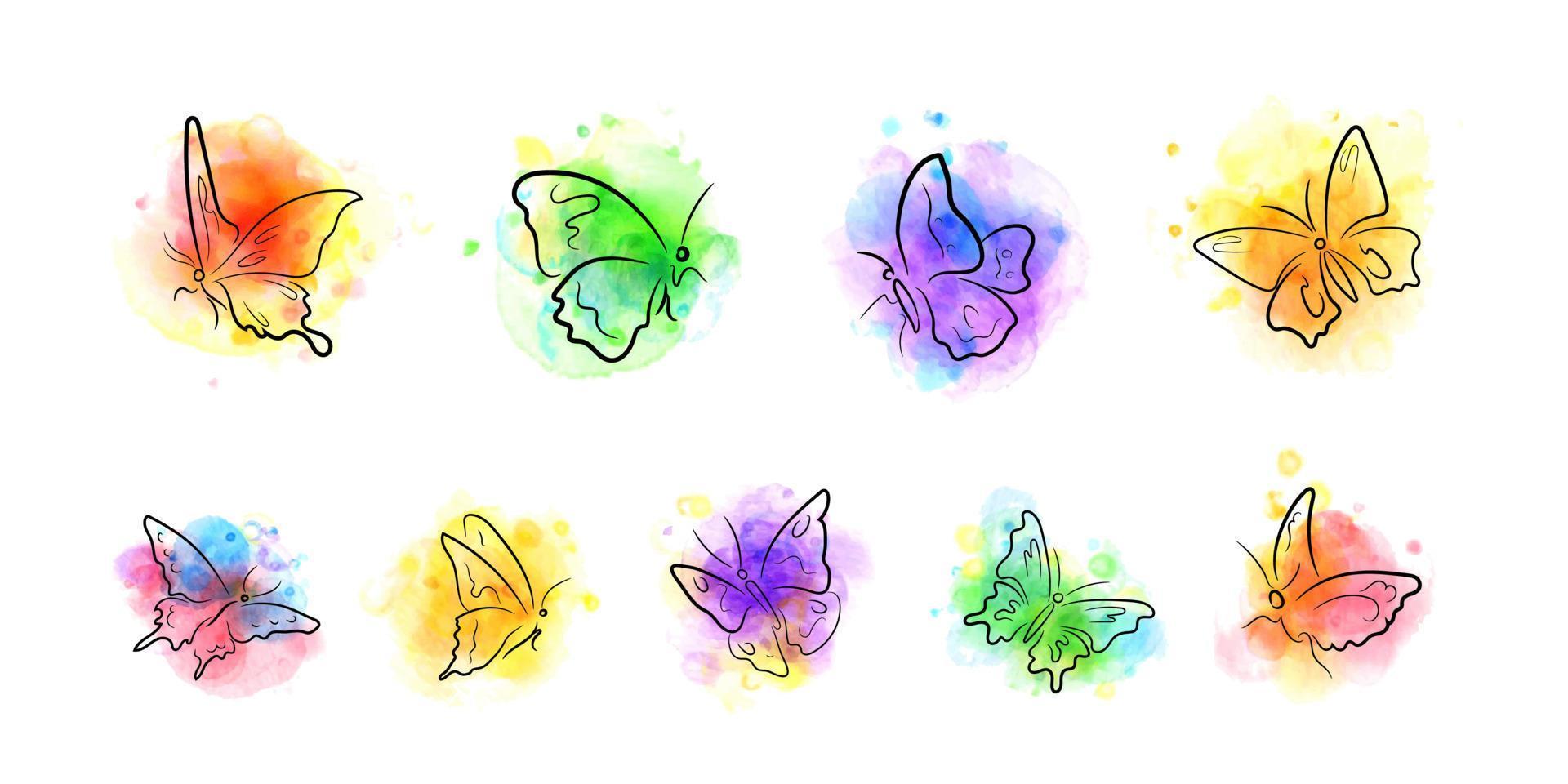 Ink drawn butterflies on bright watercolor spots vector