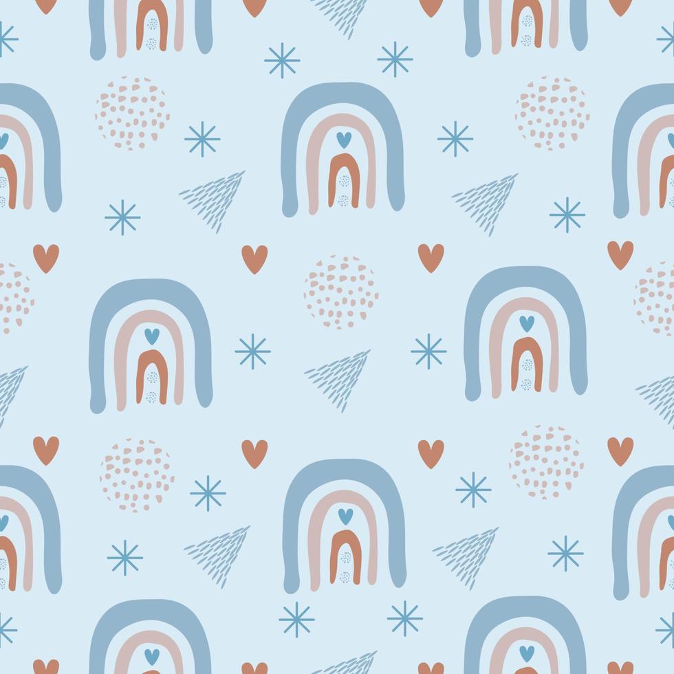 Cute boho seamless pattern with blue background, rainbows, hearts and abstract elements vector