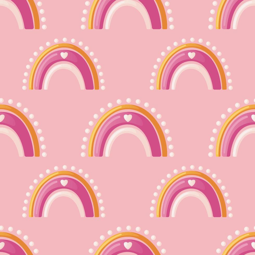 Seamless pattern with cute pink rainbow, heart. Boho Scandinavian wall print for children, nursery. Baby shower invitation. It's a girl. Hello baby celebration, holiday, event. Banner, flyer. vector